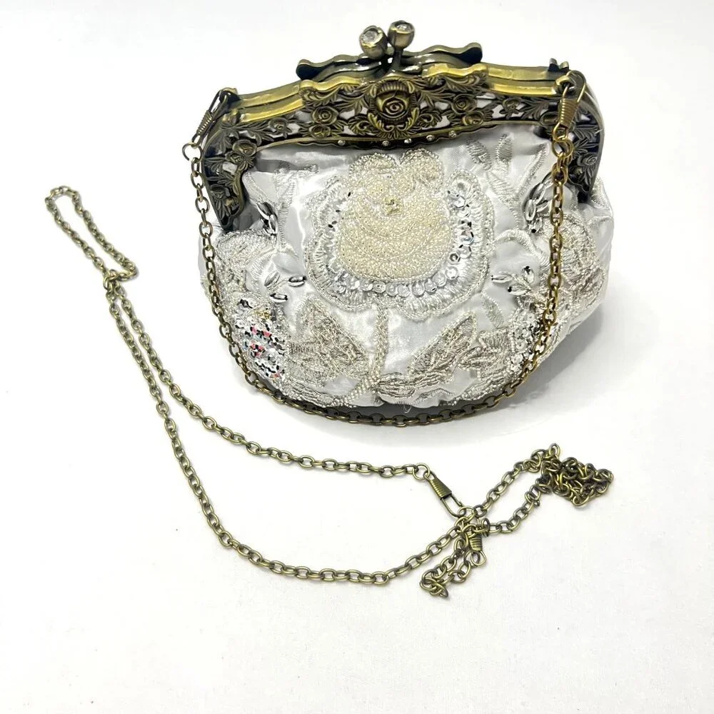 Vintage Style Purse White Satin Embroidered Small Purse With Brass Frame & Chain